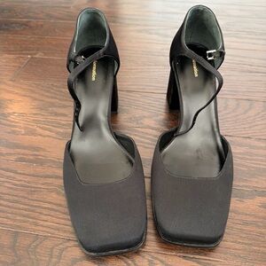 Reformation Black Ankle-Strap Square-Toe Wedge Heels